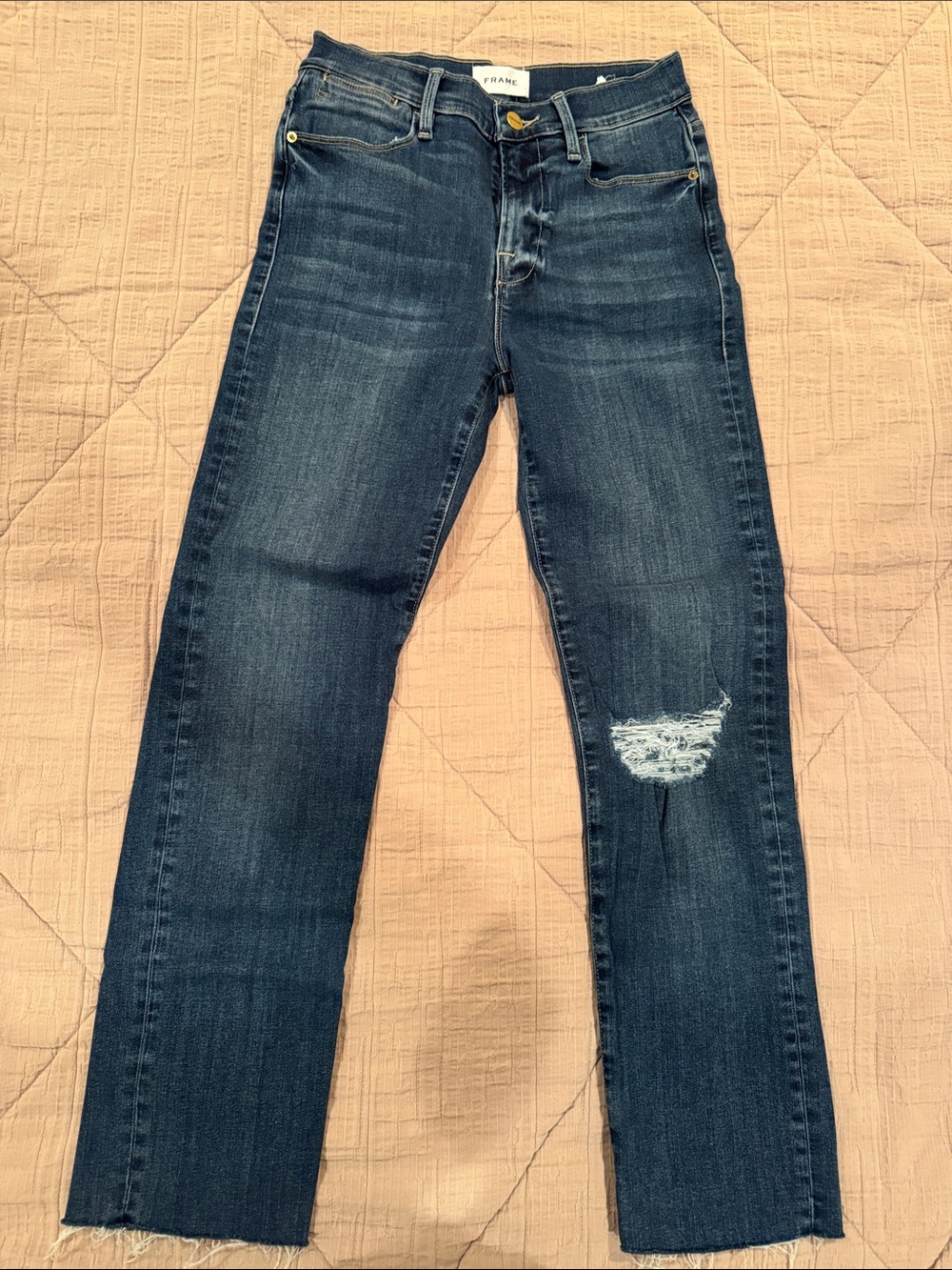 Frame Le High Straight Denim Dark Blue Straight Leg Jeans with Distressed Knee